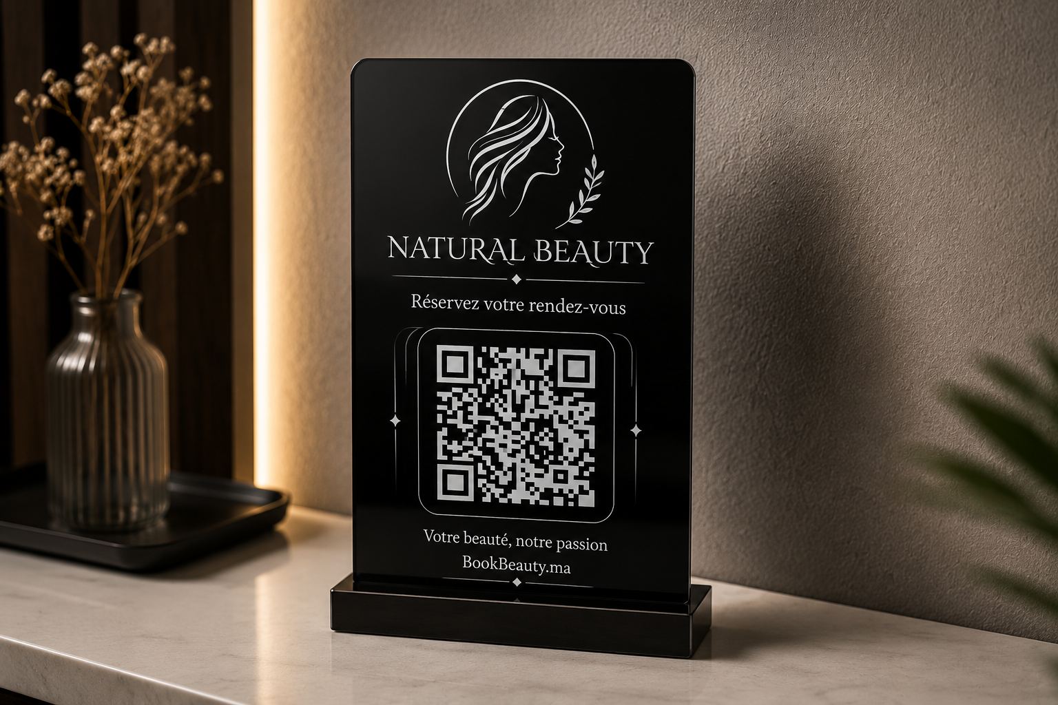 Plaque acrylique noir salon de beaute Natural Beauty
