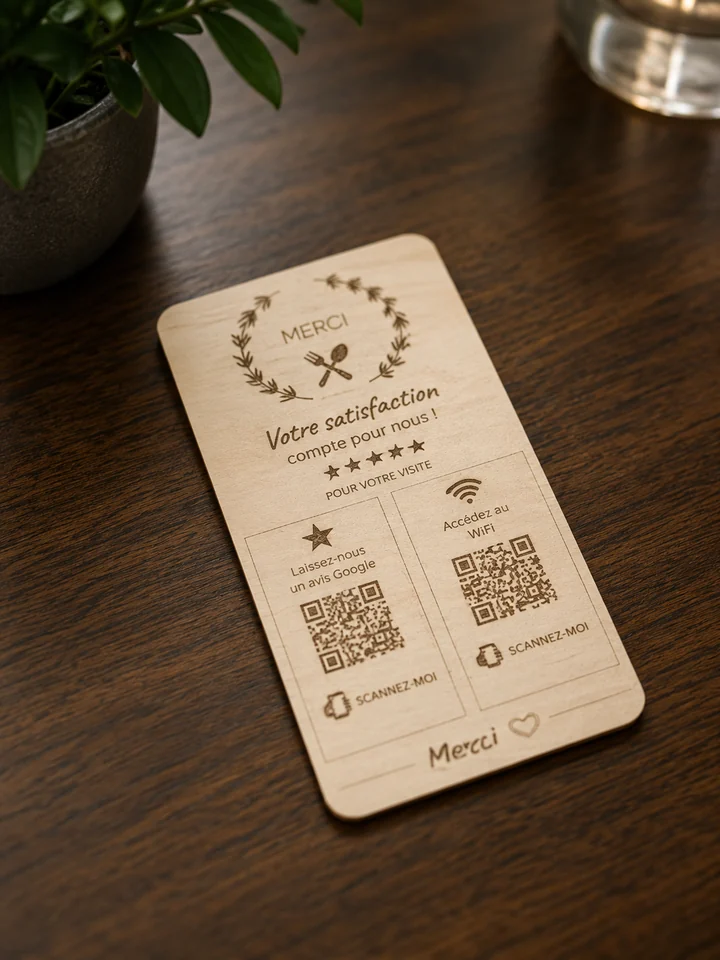 Plaque bois verticale double QR avis Google et WiFi