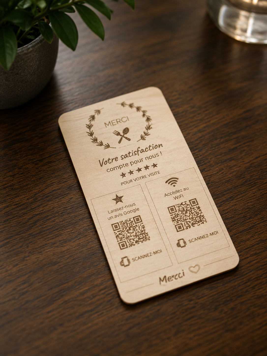 Plaque bois verticale double QR avis Google et WiFi